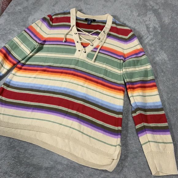 Chaps Rainbow Colorful Striped Knit Sweater Size Medium Women’s - Picture 4 of 11